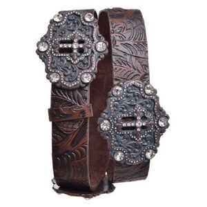 RHINESTONE CROSS STUDDED WIDE BROWN TOOLED LEATHER BELT‎ Size Med - Large